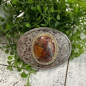 Brown Oval Resin Gemstone Western Belt Buckle Silver Gold
